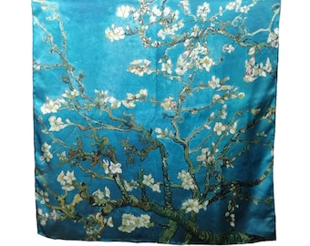 100% Natural Silk Square - Hand Rolled - 90 x 90 cm - VAN-GOGH - Blossoming Almond Branches
