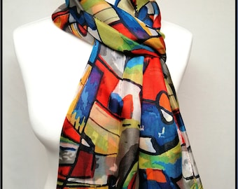 Pareo/Stole/Scarf - 100% Silk Voile - 180 x 110 cm - KANDINSKY Inspiration