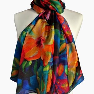 Pareo/Stole/Scarf - 100% Natural Silk Voile - 180 x 110 cm - Vibrant Flower Theme