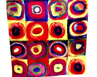 Quadrat aus 100 % natürlicher Seide – handgerollt – 90 x 90 cm – Kandinsky – Quadrate mit konzentrischen Kreisen