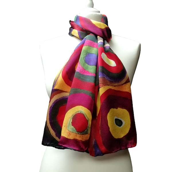 100% Natural Silk Scarf - Hand Rolled - 170 x 50 cm - KANDINSKY - Squares with concentric circles