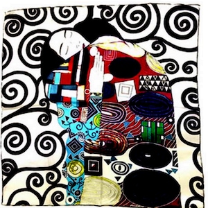 May include: A square silk scarf with a vibrant abstract design. The scarf depicts a reclining figure with a mix of red, blue, and yellow geometric patterns. The background is white with black swirling patterns. The scarf is a decorative accessory.