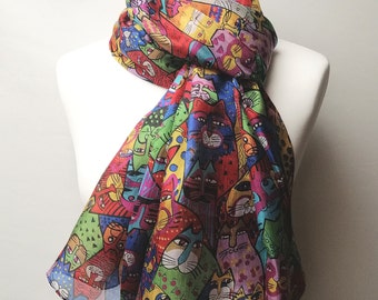Pareo/Stole/Scarf - 100% Natural Silk Voile - 180 x 110 cm - Laurel BURCH - Les Chats - Red