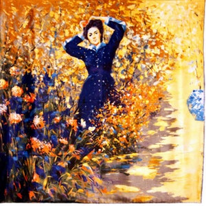 100% Natural Silk Square - Hand Rolled - 90 x 90 cm - MONET - Camille in the Garden
