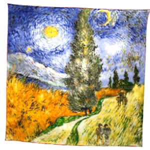 100% Natural Silk Square - Hand Rolled - 90 x 90 cm - VAN-GOGH - Wheat Field with Cypresses