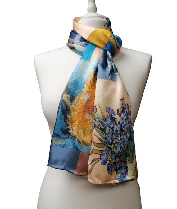 100 Natural Silk Scarf Hand Rolled 170 x 50 cm VAN GOGH Sunflowers Iris multi paintings