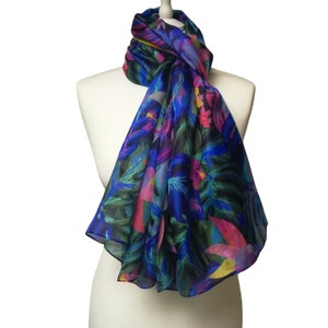 Pareo/Stole/Scarf - 100% Natural Silk Voile - 180 x 110 cm - Exotic Flower Theme
