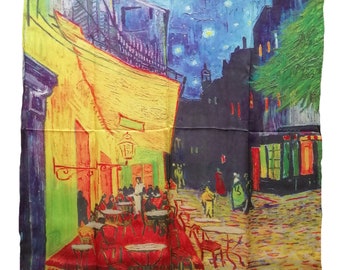 100% Natural Silk Square - Hand Rolled - 90 x 90 cm - VAN-GOGH - Café Terrasse