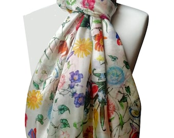 Pareo/Stole/Scarf - 100% Natural Silk Voile - 180 x 110 cm - Spring Theme - Flowers and Butterflies