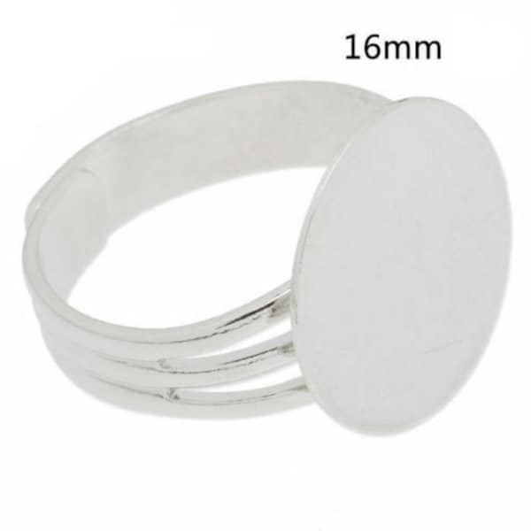 Support de Bague plateau de 16mm couleur acier brillant très facilement ajustable au doigt sans Nickel pour création bijoux