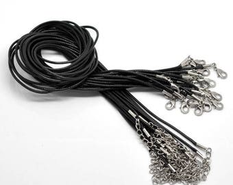 Lot de 10 Cordons ciré NOIR simili cuir de 45 cm de longueur avec chaine de 5cm et fermeture mousqueton pour création bijoux