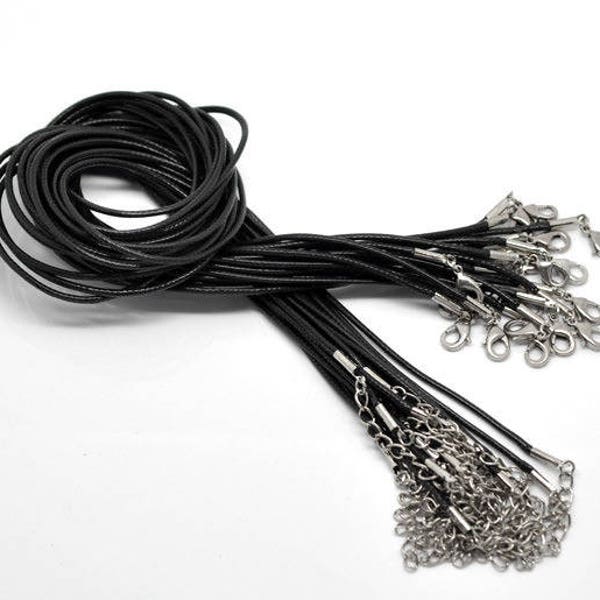 Lot de 10 Cordons ciré NOIR simili cuir de 45 cm de longueur avec chaine de 5cm et fermeture mousqueton pour création bijoux