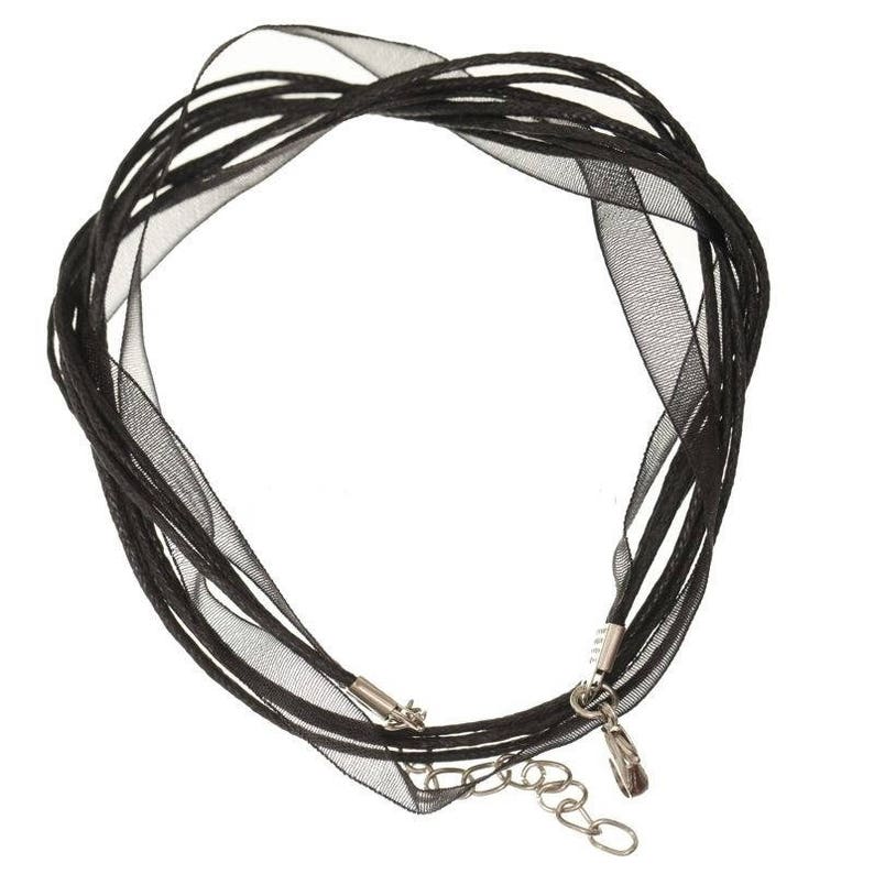 BLACK CORD in waxed cotton and organza 45 cm long with 5 cm extension chain and carabiner for jewelry creation image 1