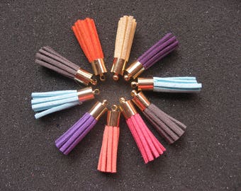 DESTOCKING Set of 10 suede pompoms, mixed colors, on support and golden ring, total length 35mm, for jewelry creation