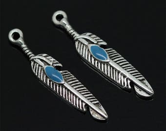 DESTOCKAGE Set of 10 feather charms in silver metal, with turquoise pearl, nickel-free, size 28mmx5mm, for jewelry creation