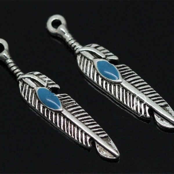 DESTOCKAGE Set of 10 feather charms in silver metal, with turquoise pearl, nickel-free, size 28mmx5mm, for jewelry creation