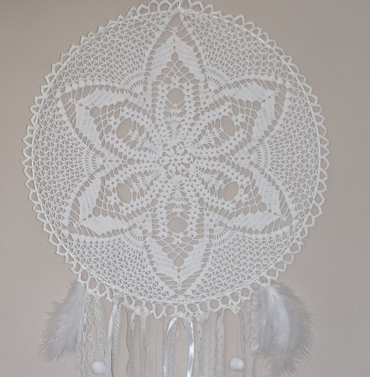 Grand Attrape-Rêves Dreamcatcher Blanc Napperon Dentelle Plumes