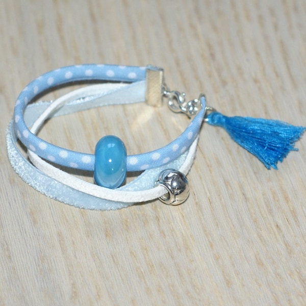 bracelet enfant pompon bleu suédine perle céramique