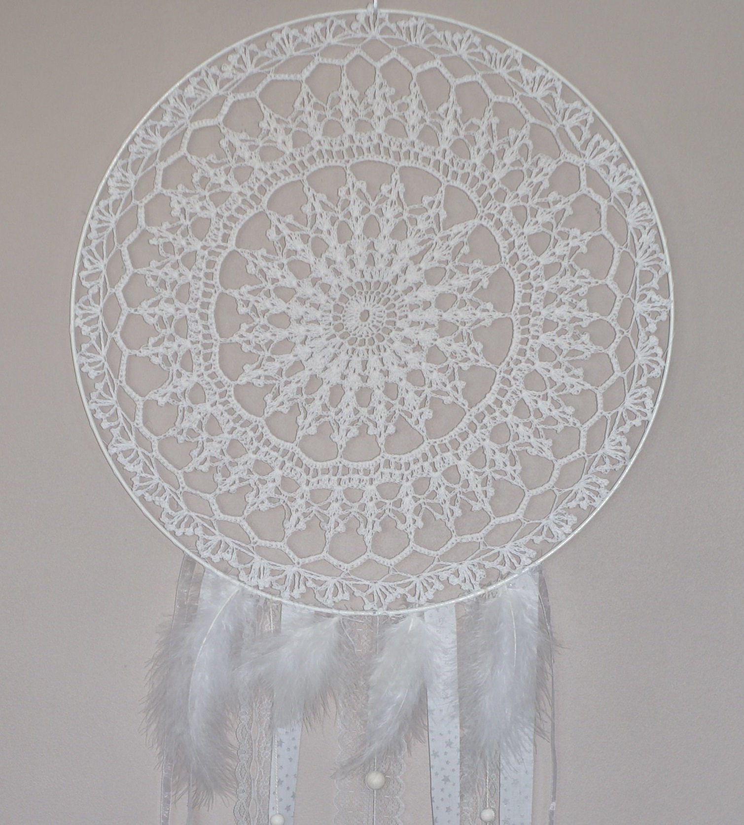 Grand Attrape-Rêves Dreamcatcher Blanc Napperon Dentelle Plumes