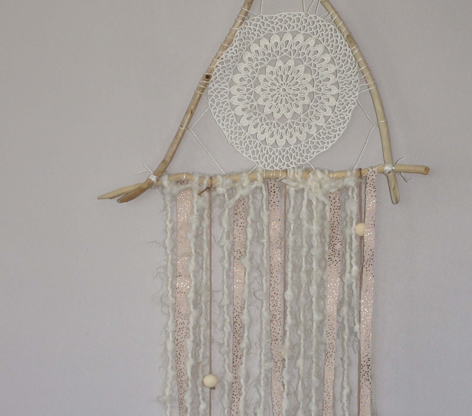 Attrape Rêves Bois Flotté Dreamcatcher Napperon Perles Crème Bronze