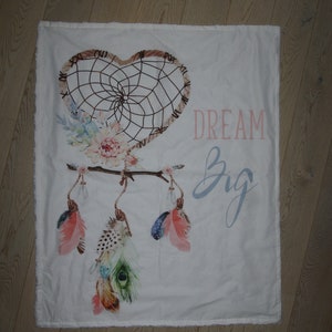 Baby blanket, fur, cotton, dreamcatcher heart, feathers, flowers