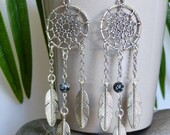 dream catcher earrings, three feathers, genuine gemstone, speckled Obsidian, Tiger eye, jade (of your choice)