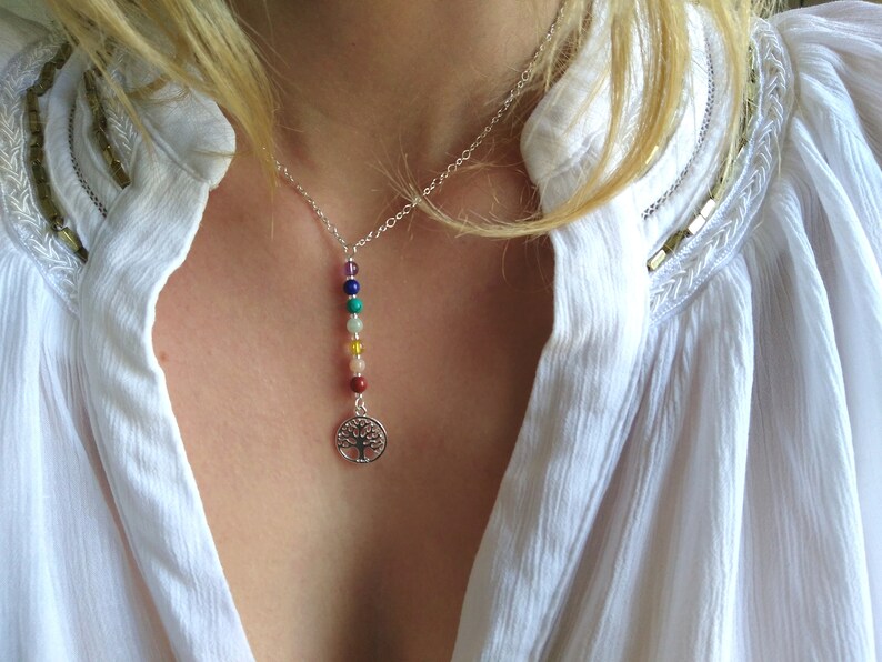 tree of life 7 chakras tree of life necklace silver chakra necklace raw stone necklace energy gift jewelry pendant unique boho women