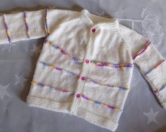 Gilet,veste bébé réalisé au tricot,taille 12/18 mois,coloris blanc et multicolore.