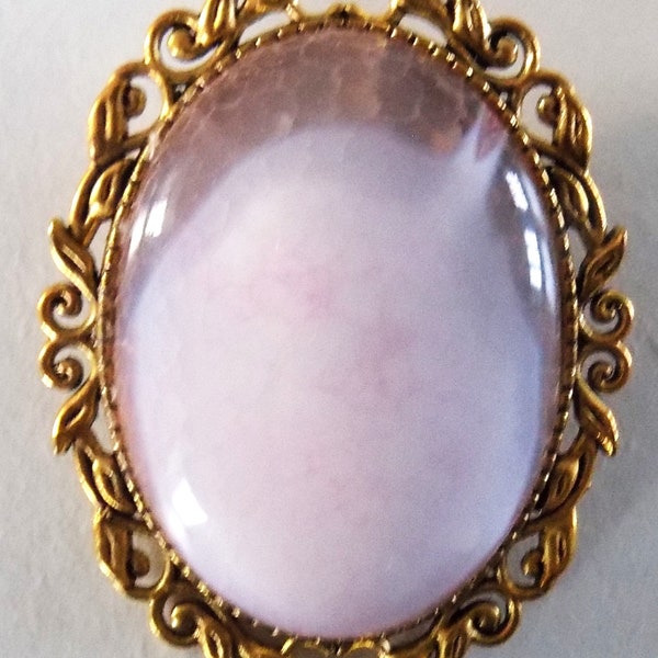 Large oval brooch, natural Lapis Lazuli gemstone cabochon, gold, pale pink, mauve/purple colors.