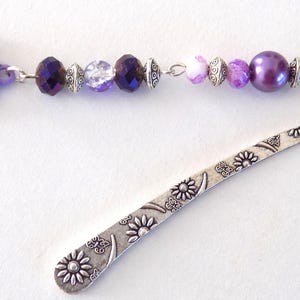 Bookmarks with carved flowers, glass beads, crystal beads, flower pendant, silver and purple/mauve colors.