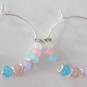 Creole earrings, glass abacus beads, silver/multicolored.