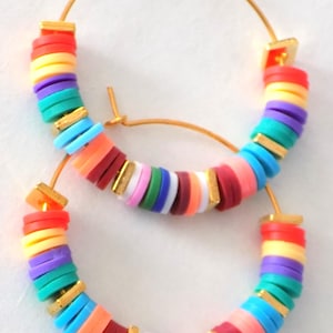 Creole earrings, Heishi beads, square-shaped beads, gold/multicolored.