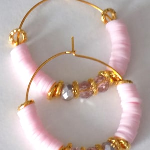 Creole earrings, Heishi beads, crystal beads, gold/pink color.