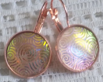 Rose gold sleeper earrings, resin cabochon, pink color.