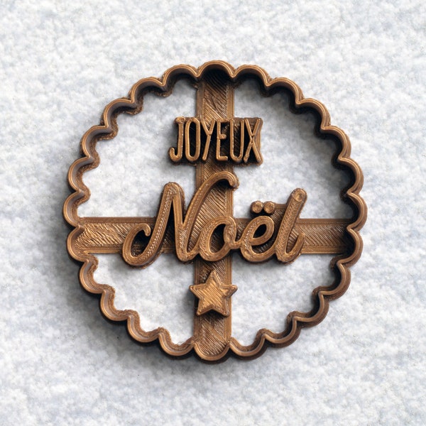 Joyeux Noel Merry Christmas cookie cutter Scalloped Circle - French word cookie cutter - Christmas cookie cutter.