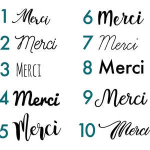May include: Ten variations of the word "Merci" in French, written in different styles and fonts. The numbers 1 through 10 are displayed in teal blue next to each word.