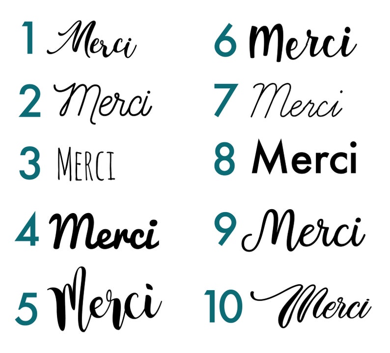 May include: Ten variations of the word "Merci" in French, written in different styles and fonts. The numbers 1 through 10 are displayed in teal blue next to each word.