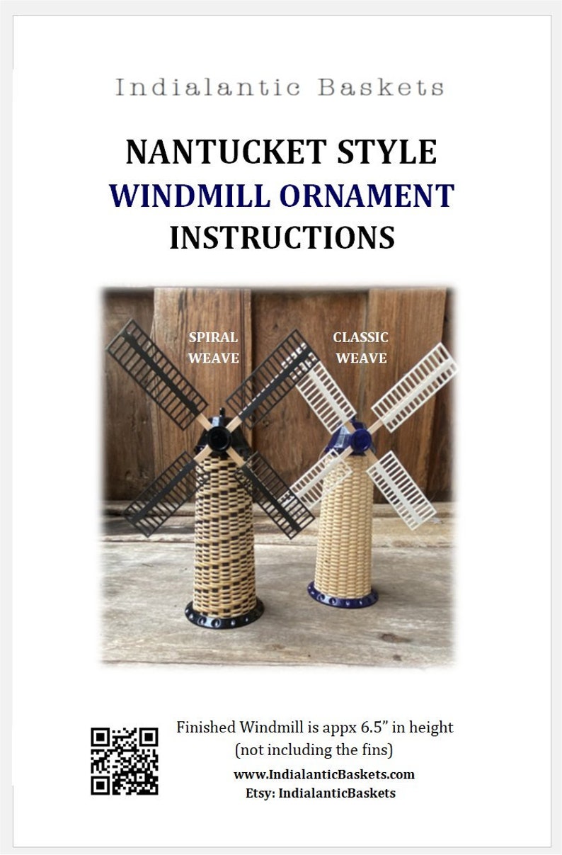 May include: Two Nantucket style windmill ornaments, one with black blades and a spiral weave and the other with white blades and a classic weave. Both are approximately 6.5 inches tall, not including the blades.