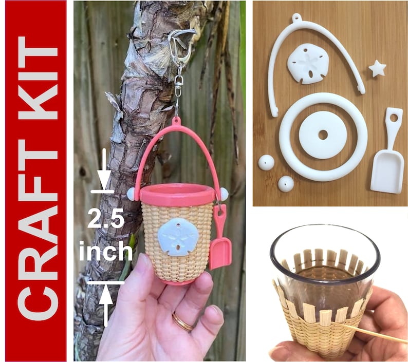May include: A craft kit to make a miniature beach bucket and shovel. The kit includes a 2.5 inch pink bucket, a white shovel, and a white seashell. The kit also includes instructions and all the materials needed to make the bucket and shovel.