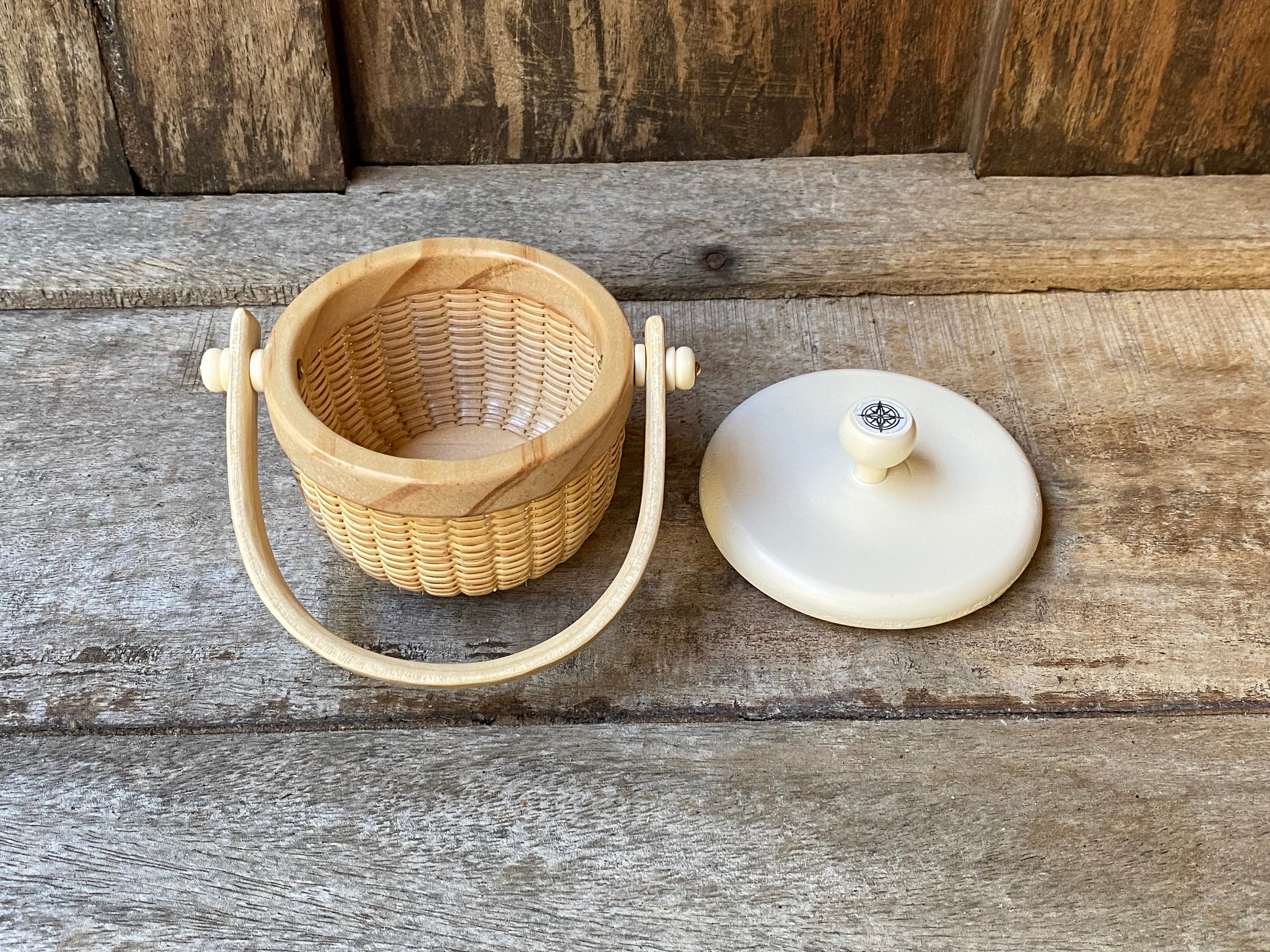 Miniature Nantucket Lightship Basket With Compass Rose Scrimshaw