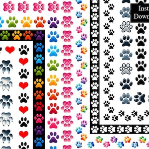 Impression de pattes bordures cadres empreintes d'animaux ClipArt Bundle 10 coeurs arc-en-ciel numériques de couleur noire pattes de chien chat impression de pied A4 & 8,5 x 11 PNG