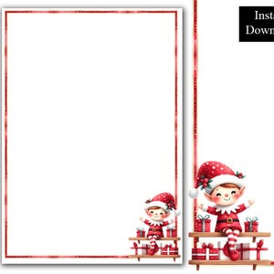 Könnte beinhalten: Ein weihnachtliches digitales Download-Produkt mit einer weißen Seite mit rotem Rand und einer Illustration eines Elfen in roter und weißer Kleidung. Der Elf sitzt auf einem Holzregal mit Geschenken. Der Text lautet "Sofort-Download".