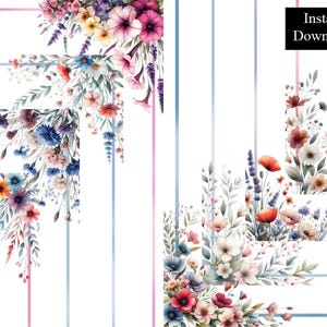 Peut inclure: Un motif numérique imprimable présentant deux coins d'arrangements floraux aquarelle. Le motif présente des fleurs roses, bleues, violettes et jaunes avec des feuilles vertes sur un fond blanc avec des rayures bleues et roses.
