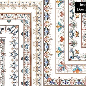 May include: A selection of stained glass border designs. The borders showcase detailed floral and geometric patterns in blue, orange, and gold, set against a white backdrop. The image includes the text "Instant Download" within a black rectangle.