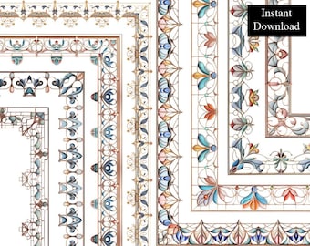 Lead Light Borders 8 Frames Decorative Ornate Style Clip Art Digital Download Vintage Damask Scalloped Blue Page Frame A4 & 8.5x11 PNG
