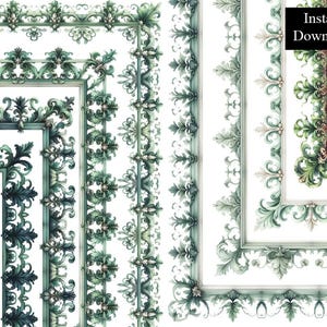 Green Rococo Borders 8 Frames Ornate Style Clip Art Digital Download Vintage Decorative Medieval Border Page Frame A4 & 8.5 x 11 PNG