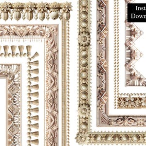 May include: Set of eight ornate decorative borders in beige and brown tones. The borders are made of intricate patterns of beads, tassels, and floral motifs.  The borders are perfect for adding a touch of elegance to any project.