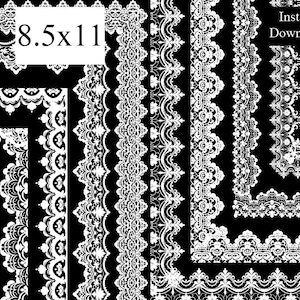 Può includere: Un set di bordi in pizzo bianco da 8,5 x 11 pollici su sfondo nero. I bordi sono in vari stili e dimensioni e possono essere utilizzati per lo scrapbooking, la creazione di biglietti o altri lavoretti.