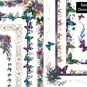 Op de afbeelding: Een digitale grafische set met bloemen- en vlinderborders met paarse, groenblauwe en gouden accenten. De collectie bevat diverse arrangementen van bloemen, bladeren en vlinders, samen met de tekst Instant Download in een zwart kader.