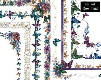 Dark Butterflies Borders 8 Frames Bundle Digital Download A4 & 8.5x11 PNG Printable Page